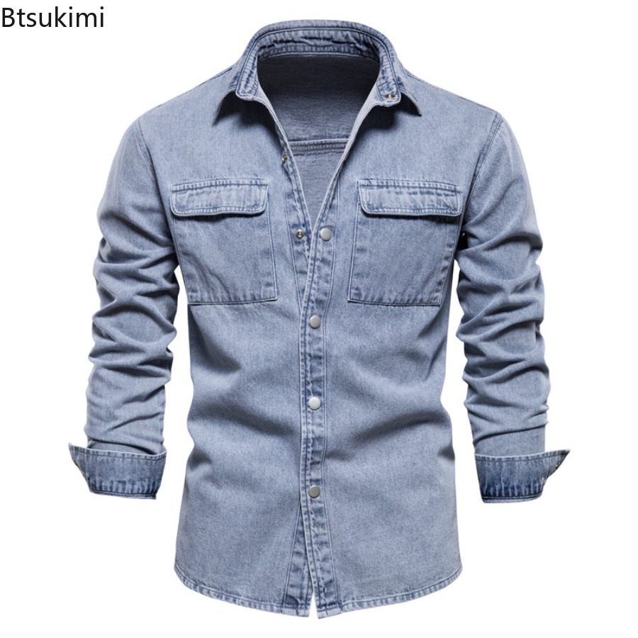 Jeans Shirt Fashion For Men - เสื้อแจ็คเก็ตยีนส์ผู้ชายแฟชั่นฤดูใบไม้ผลิและฤดูใบไม้ร่วง ทรงเข้ารูป ผ้าฝ้ายแท้ แขนยาว สไตล์ลำลอง สีพื้น