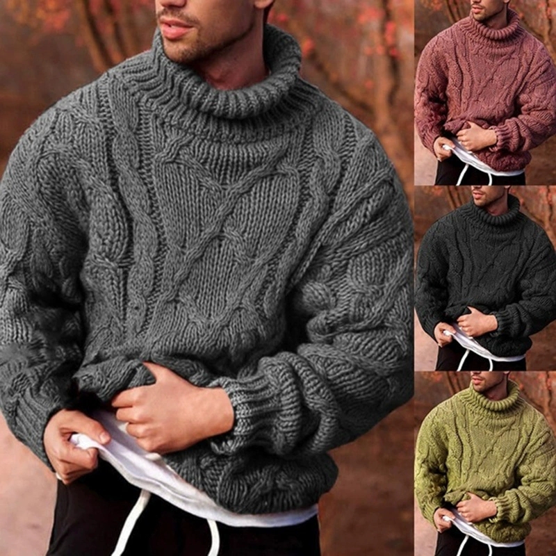 Knitted Cardigan Men - เสื้อสเวตเตอร์ผู้ชายคอสูงลายดอกบิดเกลียว สไตล์ลำลอง แฟชั่นยุโรปและอเมริกา สำหรับฤดูใบไม้ร่วงและฤดูหนาว