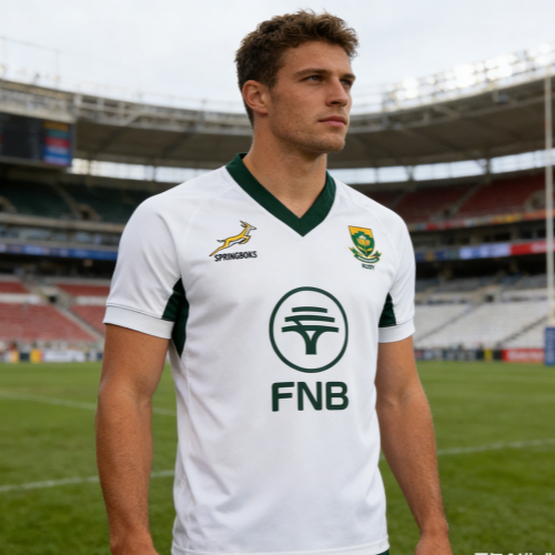 Mens Fashion Rugby Shirts - เสื้อรักบี้ทีมชาติแอฟริกาใต้ สปริงบ็อกส์ สีเขียวทอง พร้อมโลโก้โปรเทีย ผู้สนับสนุน FNB