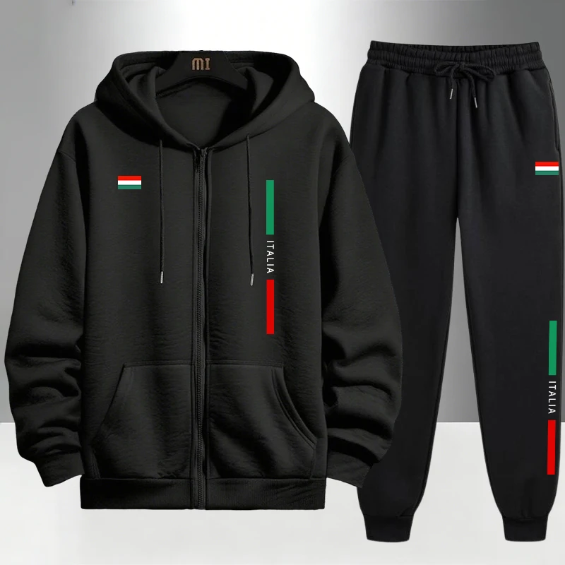 Mens Fashion Urban - ชุดแฟชั่นผู้ชายสไตล์อิตาลี เสื้อแจ็คเก็ตซิปและกางเกงวอร์ม ชุดลำลองสำหรับฤดูใบไม้ร่วงและฤดูหนาว เหมาะสำหรับใส่เล่นกีฬา ชุดฮู้ดดี้สุดเท่ห์ ทันสมัย