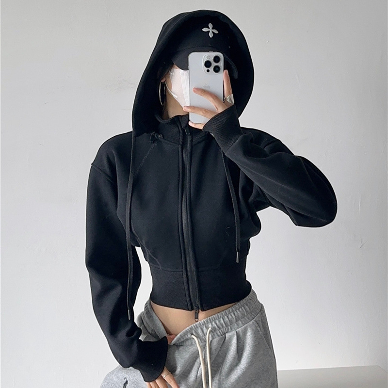 Mens Fashion Zip Up Hoodies - เสื้อฮู้ดดี้ครอปสำหรับผู้หญิง แฟชั่นสีพื้น ฮู้ดถอดได้ เอวเข้ารูป แจ็คเก็ตซิป สไตล์ลำลอง