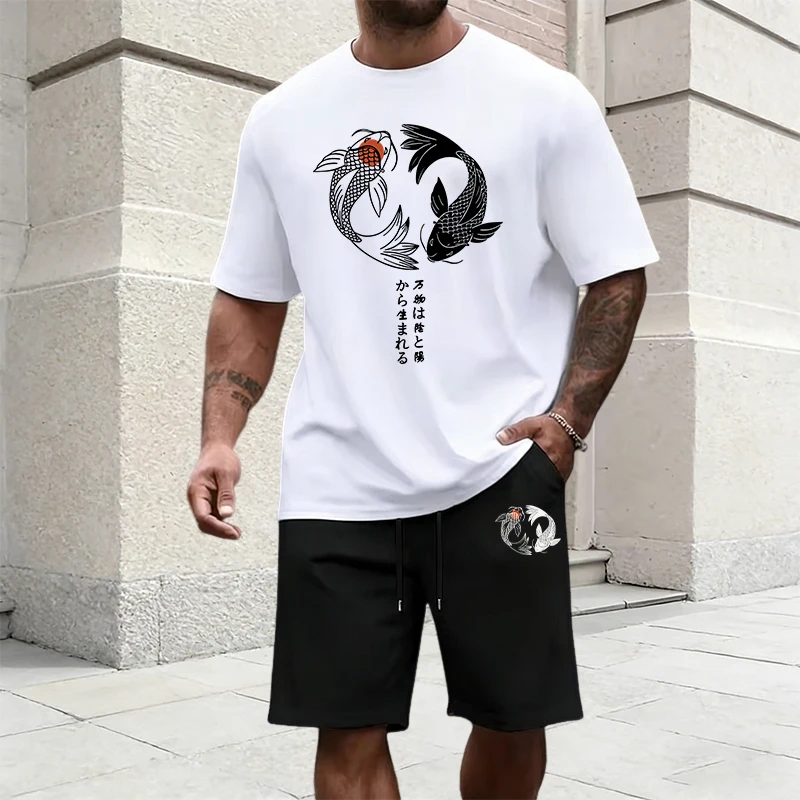 Mens Fashion Urban - ชุดวอร์มลายหยินหยางสไตล์ญี่ปุ่น เสื้อยืดผ้าฝ้ายและกางเกงขาสั้นกีฬา ชุดลำลองแฟชั่นฤดูร้อนสำหรับผู้ชาย ไซส์ S-3XL