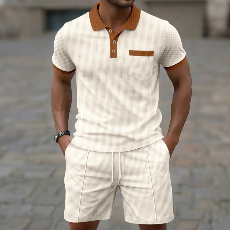 Queer Men'S Fashion - แฟชั่นฤดูร้อนปี 2026 ล่าสุด เสื้อเชิ้ตคอปกตัดสีสไตล์สปอร์ตเทรนดี้ลำลองสำหรับผู้ชาย และกางเกงขาสั้นแบบมีเชือกผูก ชุดลำลองแฟชั่น