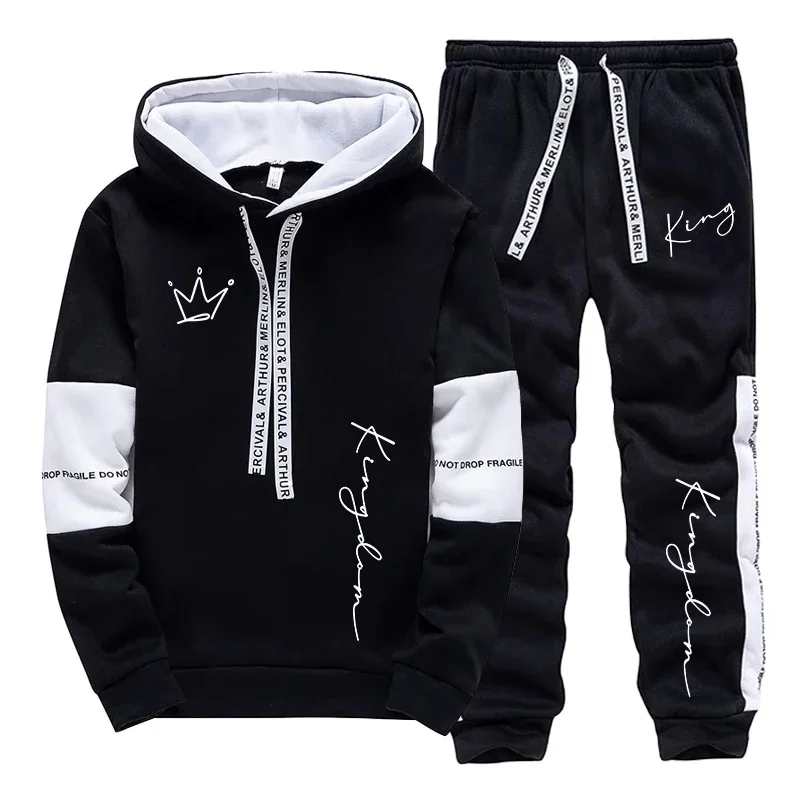 Mens Fashion Urban - ชุดแฟชั่นลำลองสไตล์สปอร์ตสำหรับผู้ชาย ชุดฮู้ดดี้ทันสมัยสำหรับใส่ในบ้านและนอกบ้าน พร้อมลายพิมพ์ตัวอักษร KING ประกอบด้วยเสื้อฮู้ดดี้และกางเกงวอร์ม