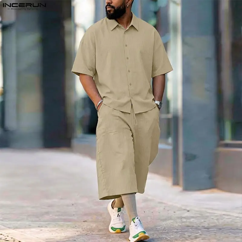 Men'S Fashion For Summer 2026 - INCERUN ชุดเซ็ตผู้ชาย เสื้อเชิ้ตแขนสั้นปกเรียบ กางเกงขายาว ชุดสองชิ้น สตรีทแวร์