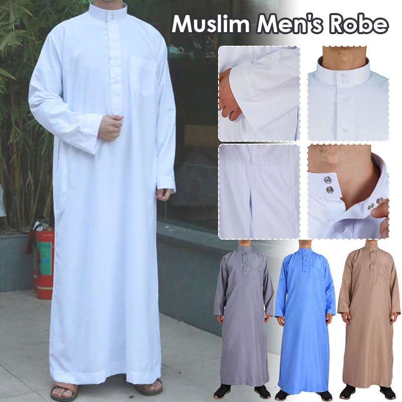 Dubai Men'S Fashion - ชุดคลุมมุสลิมสไตล์อาหรับสำหรับผู้ชายชุดคลุมย้อนยุคแขนยาวเสื้อทรงหลวมสีพื้นเสื้อซาอุดิอาระเบียแบบซาอุดิอาระเบคาฟตัน