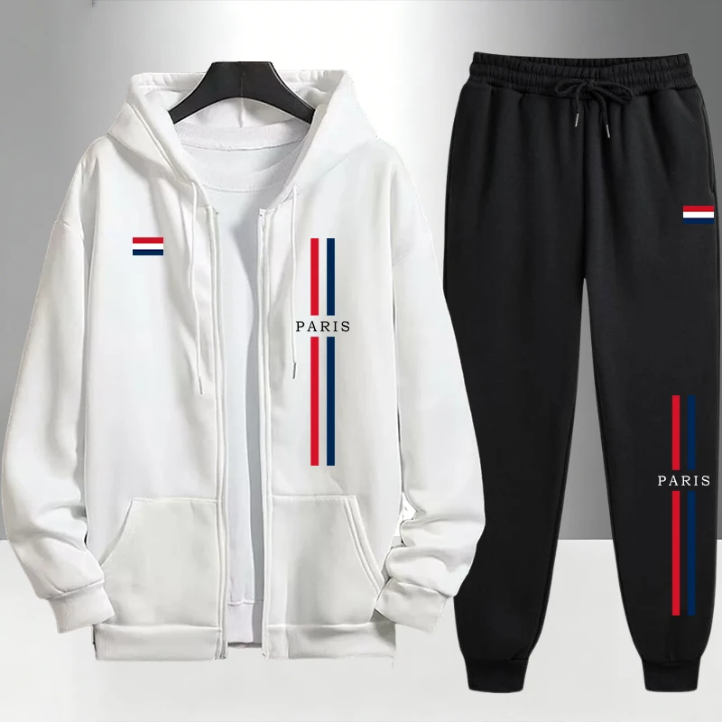 Mens Fashion Urban - ชุดเซ็ตแฟชั่นผู้ชายสไตล์ปารีส เสื้อแจ็คเก็ตซิปและกางเกงวอร์ม สำหรับฤดูใบไม้ร่วงและฤดูหนาว ชุดลำลองใส่ได้ทุกวัน ชุดฮู้ดดี้แนวสปอร์ต ชุดเทรนดี้สไตล์คนเมือง