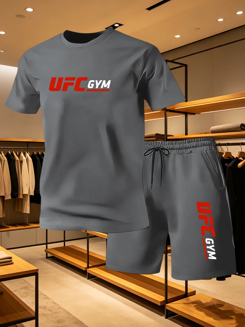 Queer Men'S Fashion - ชุดเสื้อยืดและกางเกงขาสั้นแฟชั่นผู้ชาย UFC ชุดลำลองสำหรับฤดูร้อน ชุดกีฬาแห้งเร็ว ฟิตเนส วิ่ง