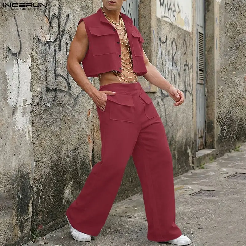 Queer Men'S Fashion - INCERUN ชุดเซ็ตผู้ชาย เสื้อครอปแขนกุดสีพื้น กางเกงขายาว ชุด 2