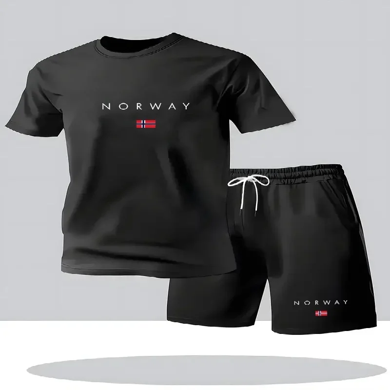 Mens Fashion Urban - ชุดเซ็ตเสื้อยืดแขนสั้นกางเกงขาสั้นลำลองแฟชั่นสตรีทสไตล์สำหรับผู้ชายปี 2026 ชุด 2 ชิ้น ลายพิมพ์