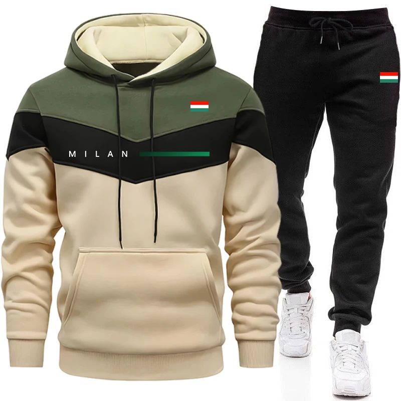 Mens Fashion Urban - ชุดฮู้ดดี้แฟชั่นอิตาลีสำหรับผู้ชาย เสื้อฮู้ดดี้ลำลองสำหรับกีฬาประจำวันและกางเกงจ็อกเกอร์ ชุดวอร์มสไตล์เมืองทันสมัยสำหรับผู้ชาย