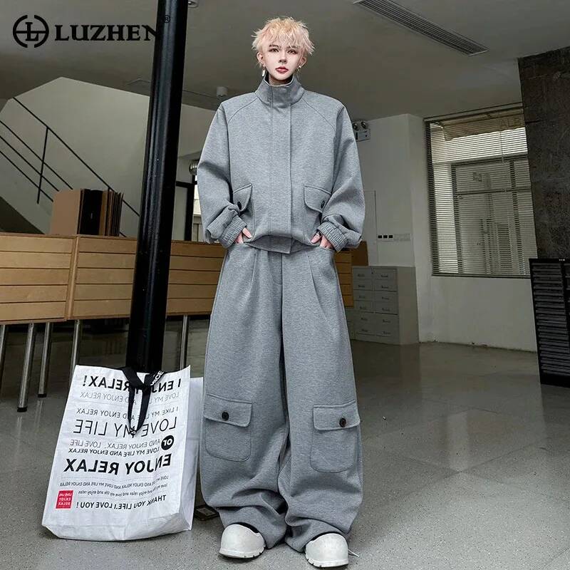 Knitted Cardigan Men - เสื้อคาร์ดิแกนสี LUZHEN 2026 หนัง PU เสื้อสเวตเตอร์ฤดูใบไม้ผลิ