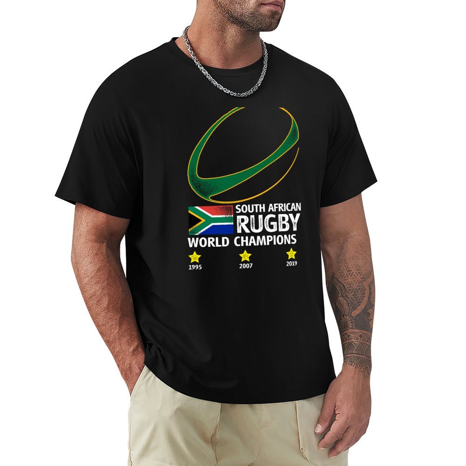 Mens Fashion Rugby Shirts - เสื้อยืดทีมแชมป์โลกรักบี้แอฟริกาใต้ แฟชั่นเรียบง่าย สไตล์ลำลอง