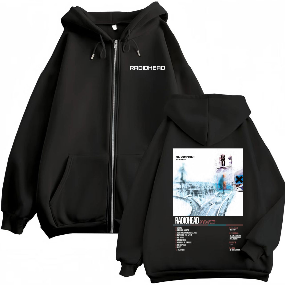 Mens Fashion Zip Up Hoodies - เสื้อฮู้ดซิปพิมพ์ลายอัลบั้มเพลงวงร็อค Radiohead แฟชั่นสำหรับผู้ชายและผู้หญิง เสื้อพูลโอเวอร์ซิปแบบร็อค ผ้าฟลีซคุณภาพสูง