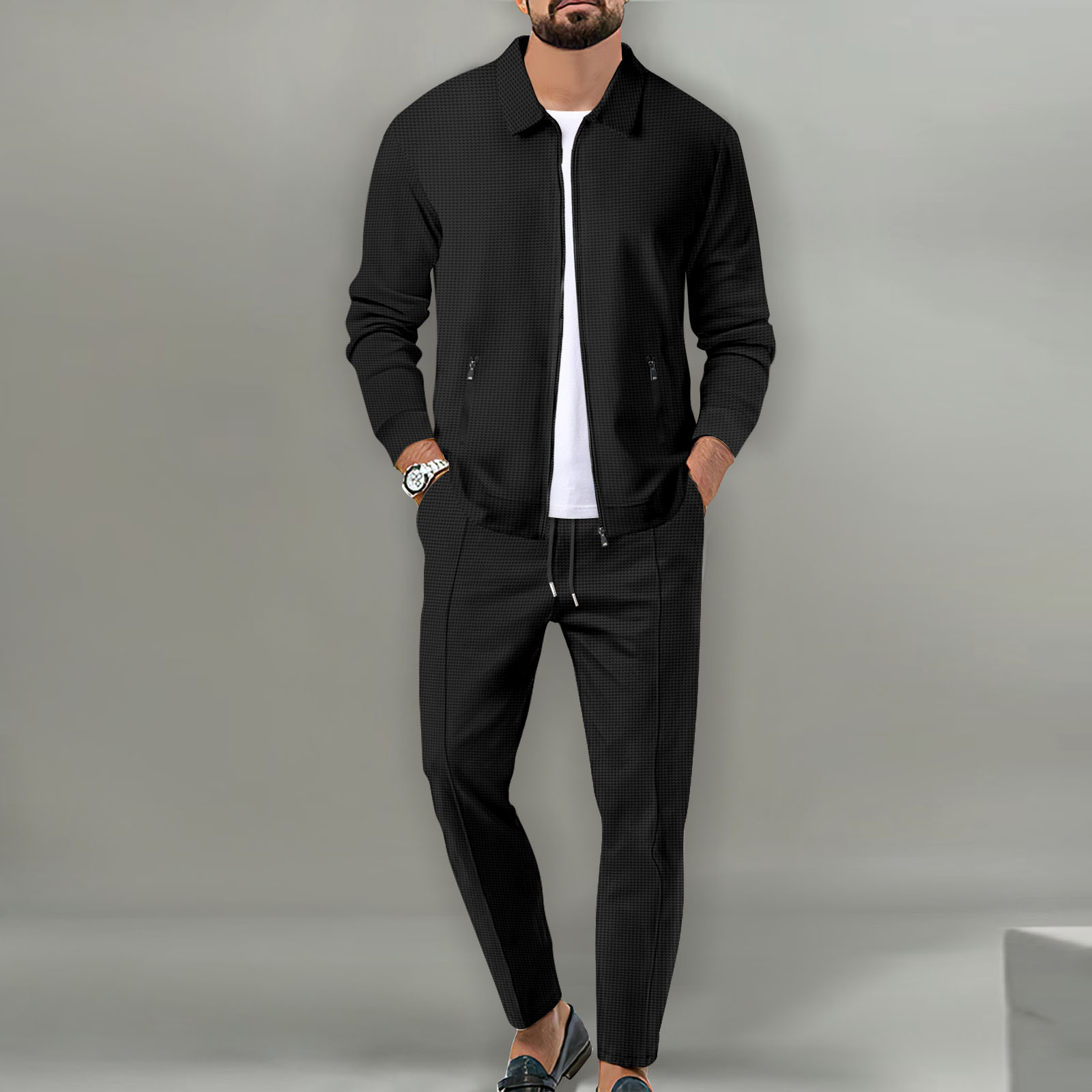 Knitted Cardigan Men - ชุดแจ็คเก็ตฤดูใบไม้ร่วงสำหรับผู้ชายวัยรุ่น กระเป๋าซิปแบบวาฟเฟิล เสื้อคาร์ดิแกนทรงเข้ารูปมีปก ชุดแจ็คเก็ตผู้ชาย