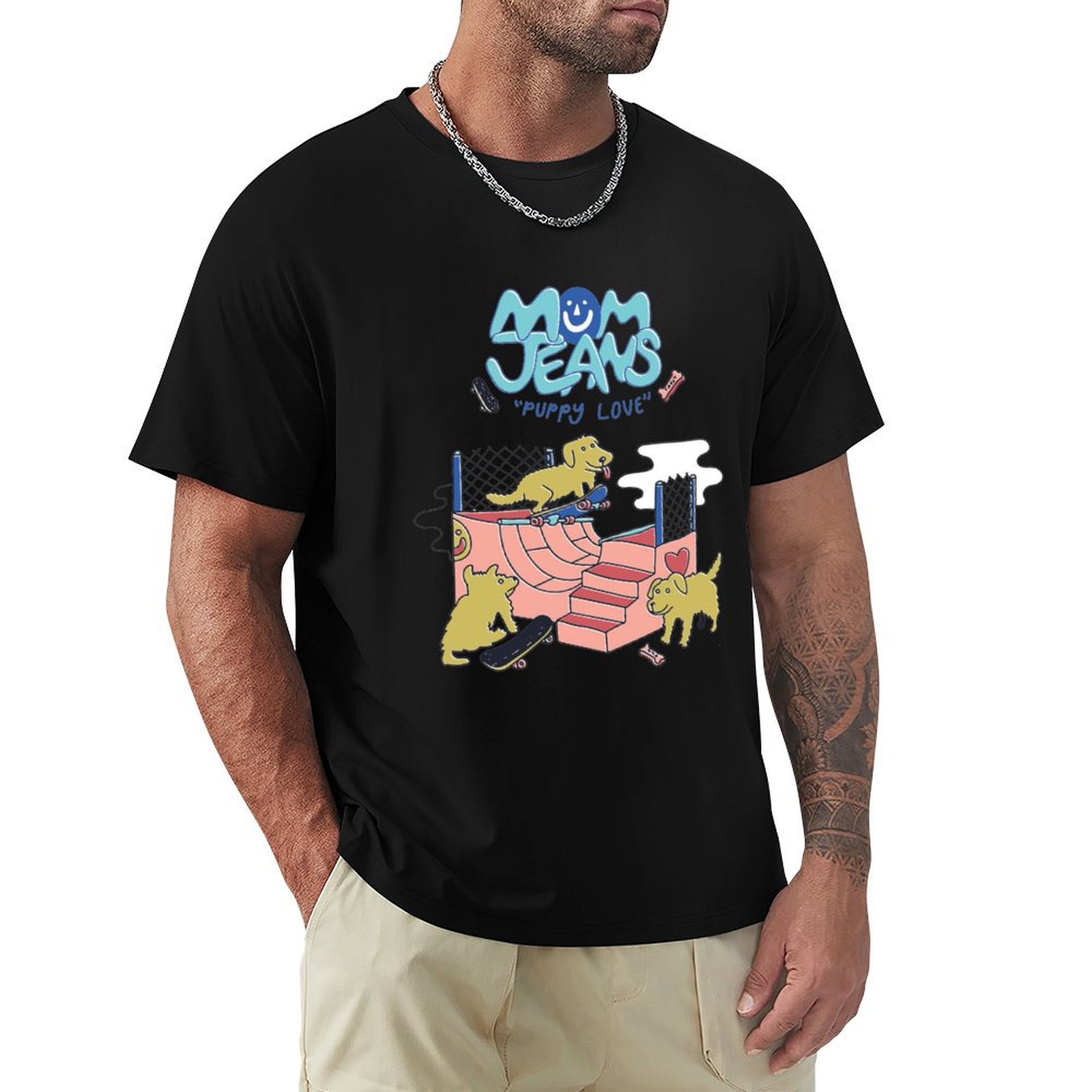Jeans Shirt Fashion For Men - เสื้อยืดลายพิมพ์แฟชั่นลำลอง Mom Jeans band puppy love,