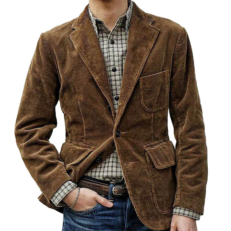 Corduroy Jacket Men - ชุดสูทลำลองสไตล์ยุโรปและอเมริกาสำหรับฤดูใบไม้ร่วงและฤดูหนาว ผ้าลูกฟูก แบบกระดุมแถวเดียวสำหรับผู้ชาย