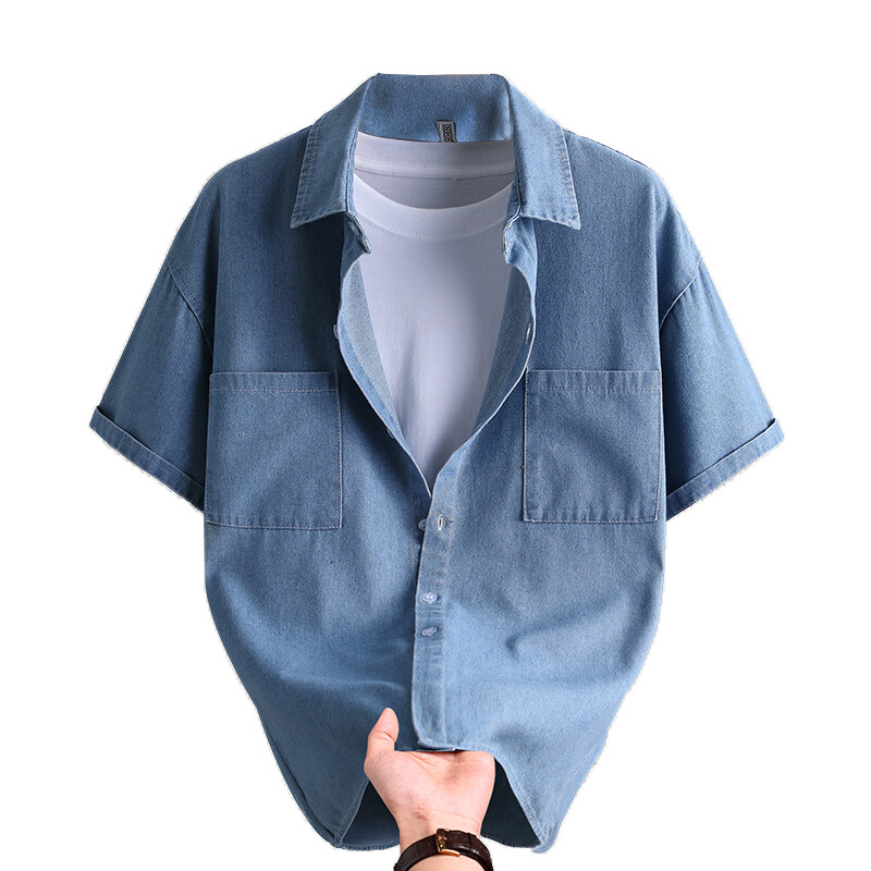 Mens Fashion Urban - เสื้อเชิ้ตยีนส์ผู้ชายแฟชั่นฤดูร้อนสีทึบผ้าฝ้ายผสมระบายอากาศได้เสื้อเชิ้ตแขนสั้นลำลองสำหรับเดินทางสตรีทแวร์ เออร์เบินแวร์