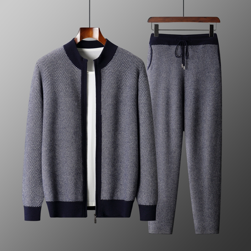 Knitted Cardigan Men - ชุดแจ็คการ์ดขนแกะเมอริโน 100% เสื้อคาร์ดิแกนถักซิปคอสูงครึ่งตัวสำหรับผู้ชาย กางเกงเลกกิ้งขาเล็กแบบลำลอง ชุดกางเกงหนาสำหรับฤดูใบไม้ร่วง/ฤดูหนาว