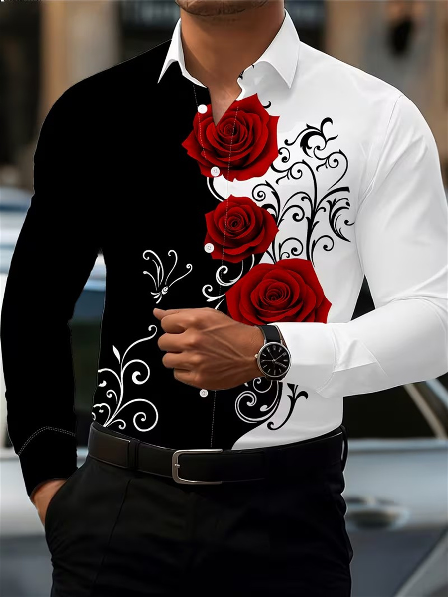 Queer Men'S Fashion - เสื้อเชิ้ตแขนยาวพิมพ์ลายดอกกุหลาบสีแดงสำหรับผู้ชาย ทันสมัยและลำลอง