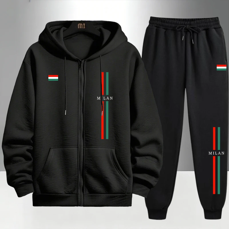 Mens Fashion Urban - ชุดเซ็ตฮู้ดดี้ซิปและกางเกงวอร์มพิมพ์ลายอิตาลี ปี 2026 สำหรับผู้ชาย แฟชั่นลำลองสไตล์คนเมือง ชุดวอร์มสำหรับออกกำลังกายกลางแจ้ง