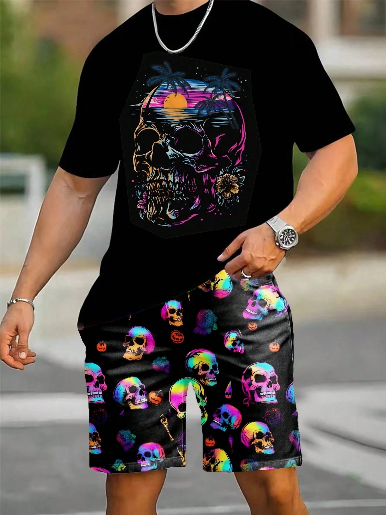 Men'S Fashion For Summer 2026 - ชุดเซ็ตเสื้อยืดแขนสั้นและกางเกงขาสั้นลายพิมพ์ 3 มิติ สำหรับผู้ชาย ฤดูร้อน 2026