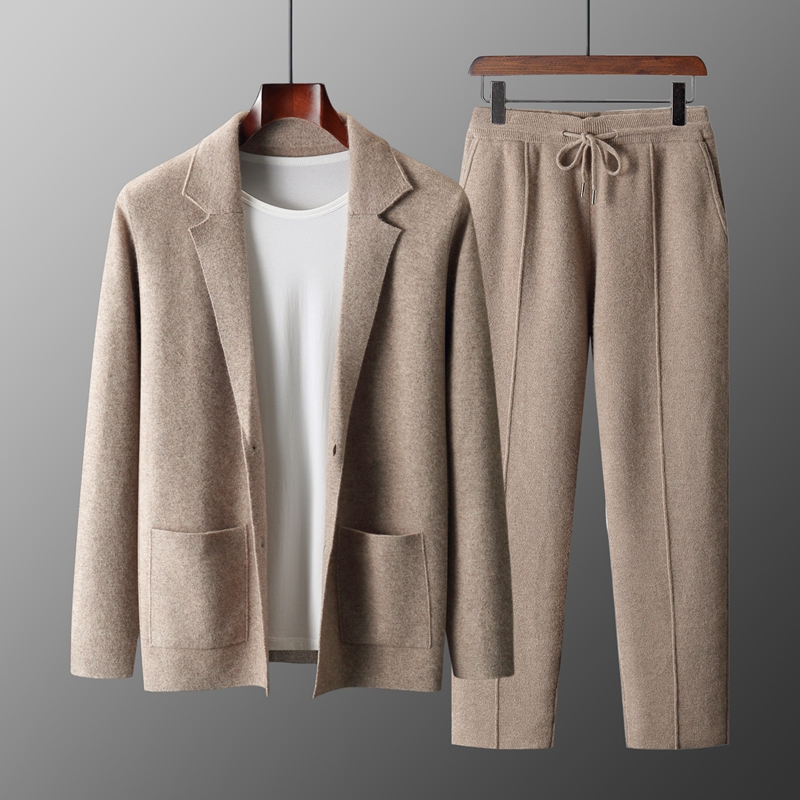 Knitted Cardigan Men - ชุดเซ็ตสองชิ้นสำหรับผู้ชาย MVLYFLRT ผ้าขนแกะเมอริโน 100% ถักนิตติ้ง สำหรับฤดูใบไม้ร่วงและฤดูหนาว
