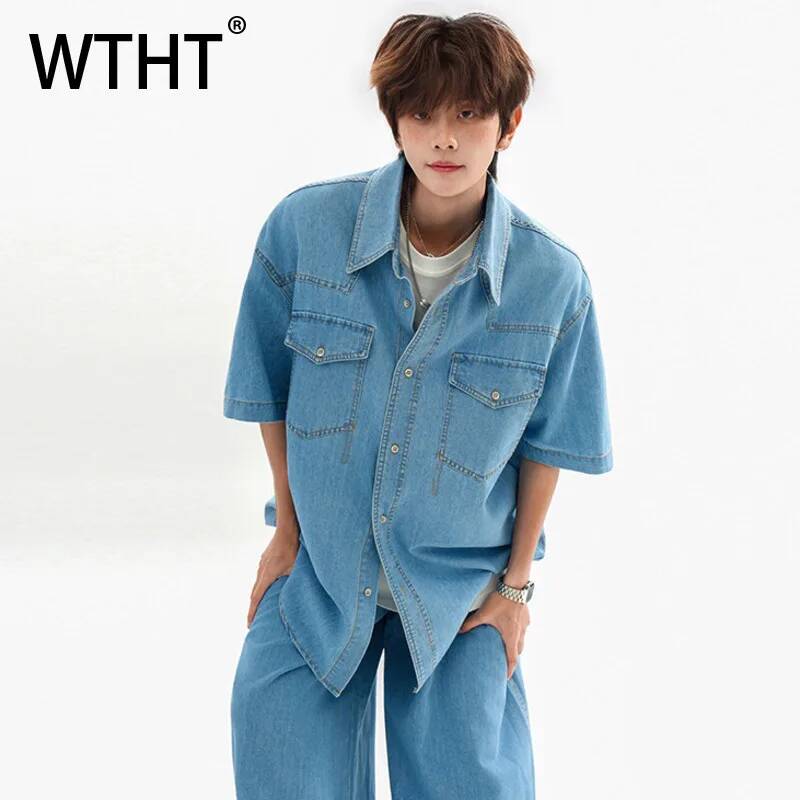 Jeans Shirt Fashion For Men - WTHT แฟชั่นเสื้อเชิ้ตเดนิมทรงหลวมสำหรับผู้ชาย แต่งกระเป๋าแบบ Patchwork รุ่นฮิตประจำปี 2026