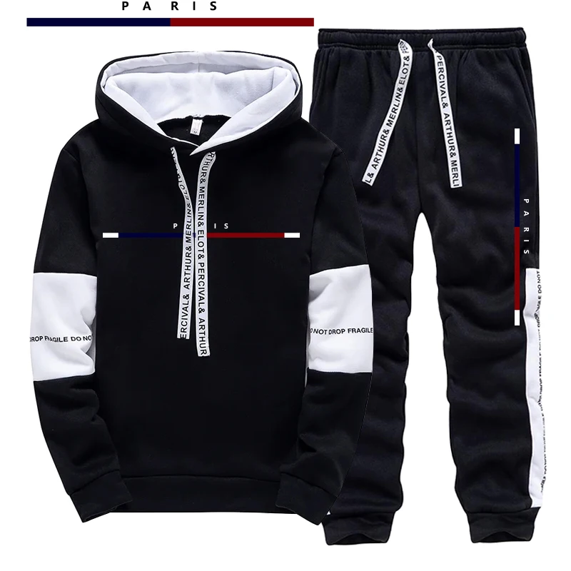 Mens Fashion Urban - ชุดแฟชั่นพารีสสำหรับผู้ชาย/เสื้อฮู้ด/กางเกง ชุดลำลองสำหรับฤดูใบไม้ร่วง ชุดกีฬาใส่วิ่งจ๊อกกิ้ง สไตล์สตรีทแฟชั่นเมือง ชุดเสื้อสเวตเตอร์และกางเกงขายาว